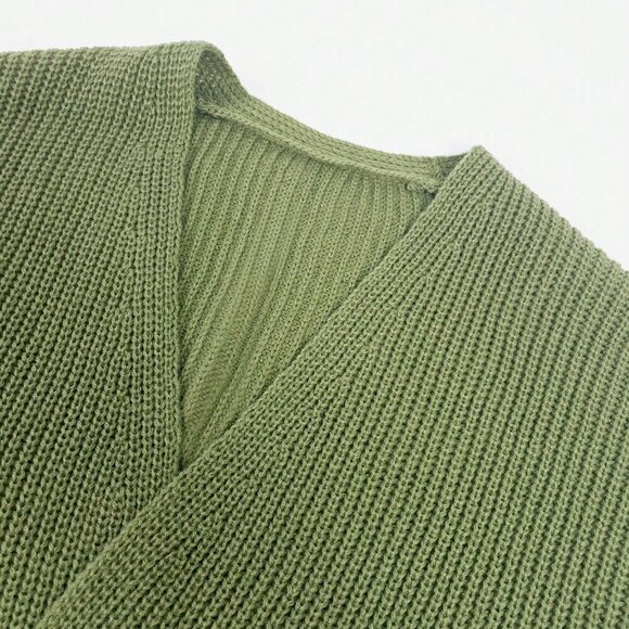 Army Green Casual Women's Solid Drop Shoulder Open Front Cardigan - Picture 3 of 8